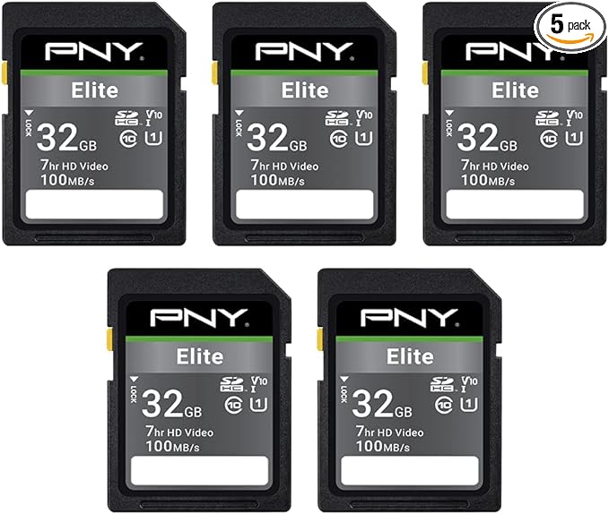 PNY 32GB Elite Class 10 U1 V10 SDHC Flash Memory Card - 100MB/s Read, Class 10, U1 Full HD, UHS-I, Full Size SD (Pack of 5)