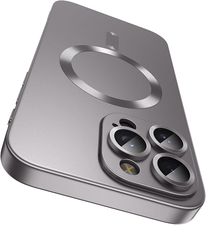 Magnetic for iPhone 16 Pro Max Case [Compatible with MagSafe][Built-in Camera Lens Protector] Slim Soft Silicone Bumper Shockproof Metallic Phone Shell (Titanium Gray)