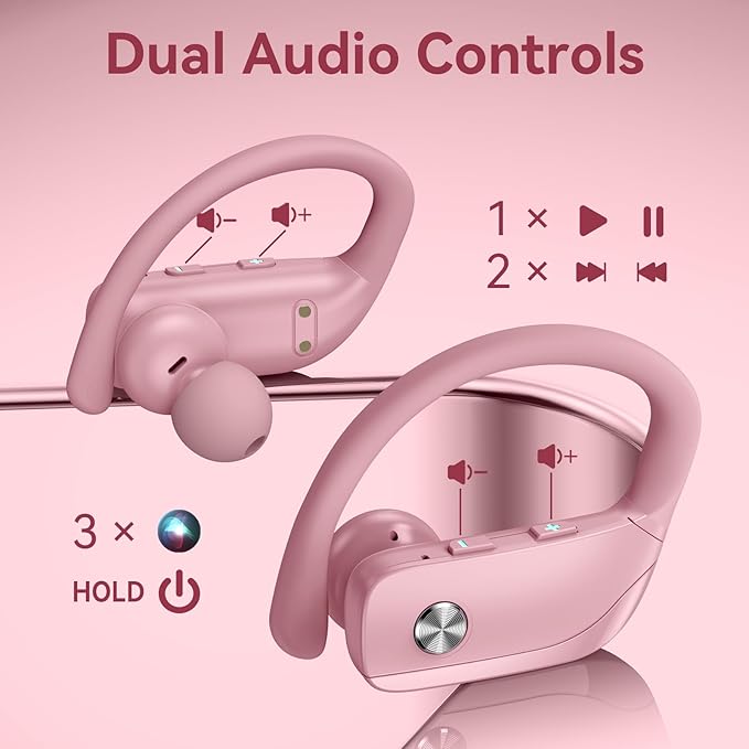 bmani Wireless Earbuds Bluetooth Headphones 48hrs Play Back Sport Earphones with LED Display Over-Ear Buds with Earhooks Built-in Mic Headset for Workout Pink