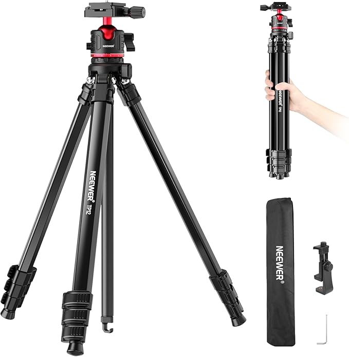 NEEWER Basics 66.5"/169 cm Travel Tripod for Camera, Lightweight Portable DSLR Stand with Ball Head, Arca Type QR Plate, Cell Phone Holder Compatible with iPhone Video Recording, Max Load 11 lb, TP12