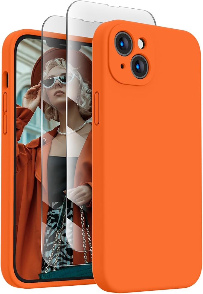 FireNova Designed for iPhone 14 Case, Silicone Upgraded [Camera Protection] Phone Case with [2 Screen Protectors], Soft Anti-Scratch Microfiber Lining Inside, 6.1 inch, Neon Orange
