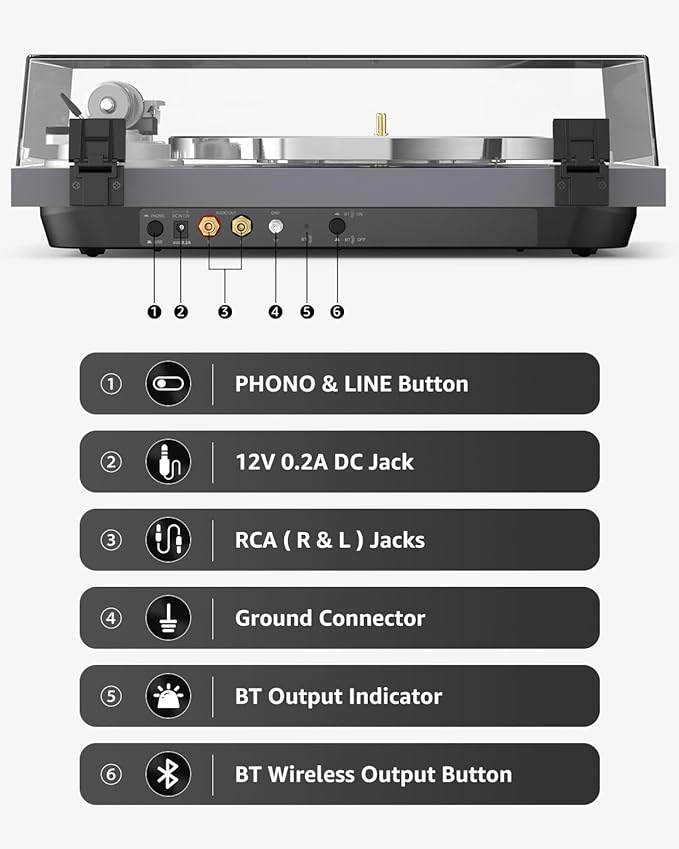 Turntable Record Player Wireless Output Carbon Fiber Tonearm Vinyl Player Aluminium Platter Belt-Drive LP Turn Tables 33 1/3&45 RPM Phono Level Audio RCA Line Output AT-3600L MM Cartridge Grey