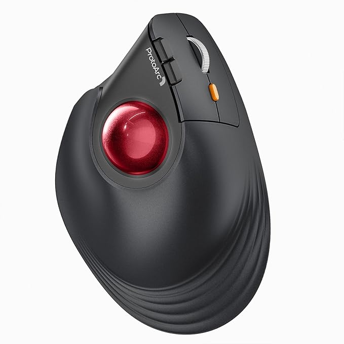 ProtoArc Vertical Wireless Trackball Mouse, EM05 NL Bluetooth Ergonomic Rollerball Mouse Rechargeable Computer Laptop Thumb Mice, 3 Device Connection, Compatible with iPad, Mac, Windows, PC-Red