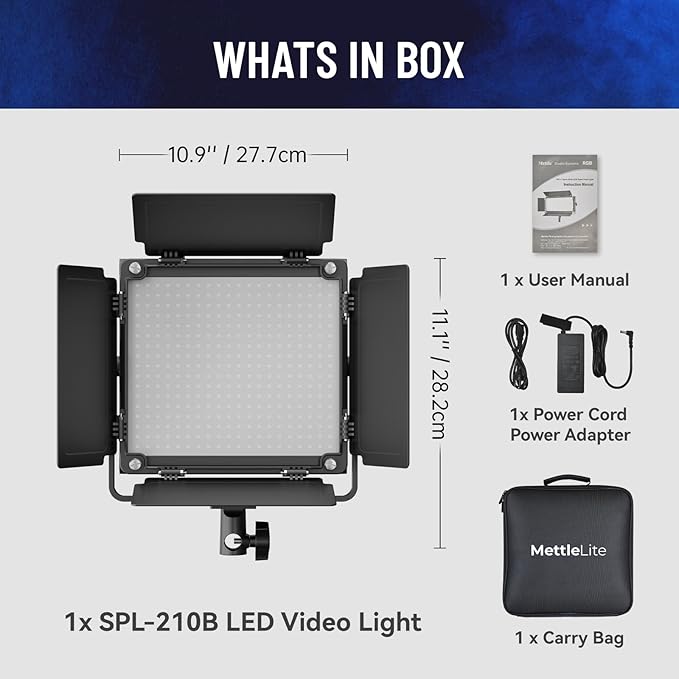 Mettlelite SPL210B Bi Color LED Video Light with APP Control, 3200K-5600K, CRI TLCI 96+, Dimmable Photography Studio Lighting with U Bracket, Barndoor and Carrying case, for Photography/Video/Stream