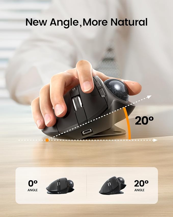 ProtoArc Wireless Trackball Mouse, EM01 NL Ergonomic Bluetooth Rollerball Thumb Rechargeable Computer Laptop Mouse, Adjustable Angle & 3 Device Connection for PC, Mac, Windows-Gray Ball