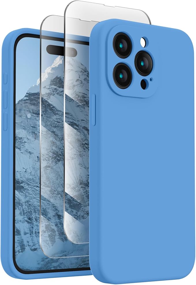 FireNova Designed for iPhone 15 Pro Max Case, Silicone Upgraded [Camera Protection] Phone Case with [2 Screen Protectors], Soft Anti-Scratch Microfiber Lining Inside, 6.7 inch, Blue