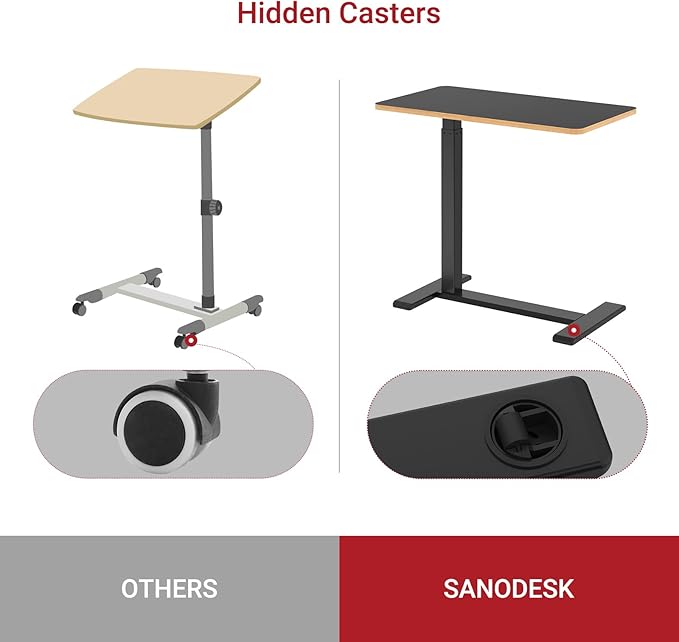 SANODESK Medical Adjustable Overbed Bedside Table with Hidden Casters, Pneumatic Mobile Laptop Computer Standing Desk Cart with Tray, Hospital and Home Use(31.5" W x 17.7" D, Black)