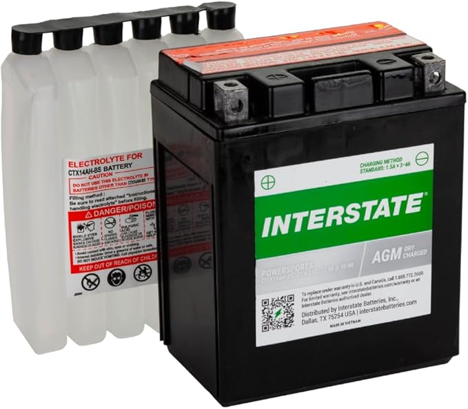 Interstate Batteries YTX14AH-BS 12V 12Ah Powersports Battery 210CCA High-Performance AGM Rechargeable Replacement for Kawasaki, Polaris, Yamaha ATVs, UTVs, Snowmobiles, Motorcycles (CITX14AH-BS)