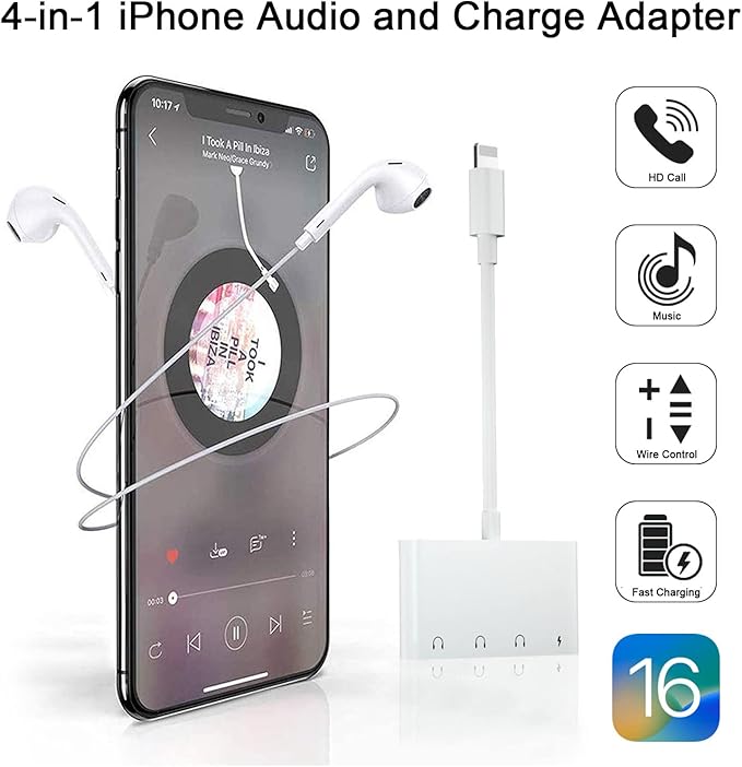 4 in 1 Headphone Splitter, iPhone Headphone Adapter + Dual 3.5mm Headphone Jack Adapter + Charging Port for iPhone 14 13 12 11 X 8 7
