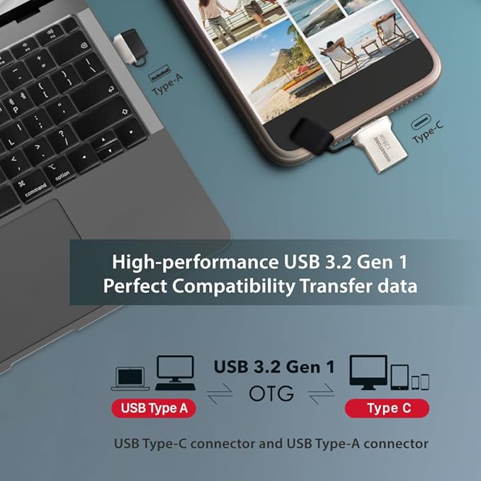 GIGASTONE 128GB Nano Luxus Dual Drive, Z50 USB 3.2 Gen 1, 2-in-1 USB-A & Type-C, 100MB/s Ultra Fast, Cap Design, Metal, Plug & Play for Smartphone/PC/Mac/TV/Car, 2.0/3.0/3.1 Compatible
