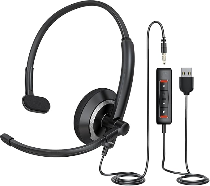 USB Headset with Microphone for PC - Lightweight Single-Ear Computer Headset, Crystal Clear Sound & Comfort Fit, Flexible Steel Headband (3.5mm+USB)