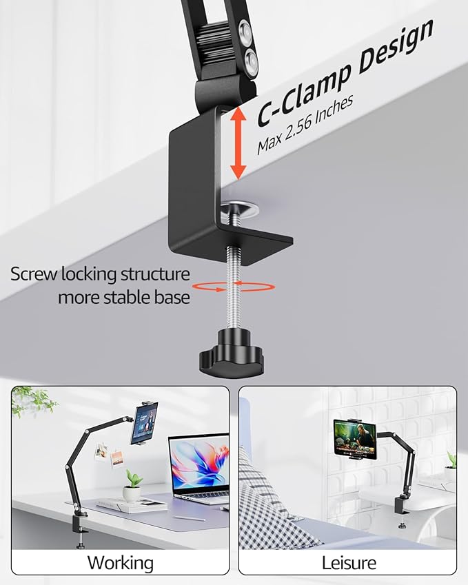 Urmust Tablet Holder Mount with Extendable Arm, Multi-Node Adjustable for 4.7-13" iPad Pro, Air, Galaxy Tab, Kindle Fire, Switch - Universal Tablet Stand for Bed, Desk & Work