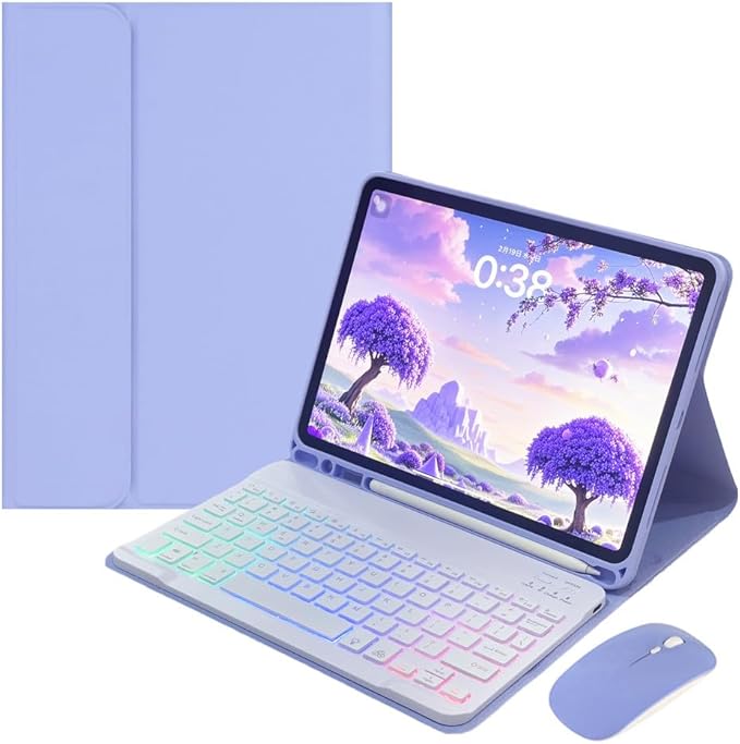 Rainbow Backlit Keyboard Case for iPad Pro 11 inch (4th/3rd/2nd/1st Gen) with Mouse and 7 Colors RGB Colorful Backlight Detachable Bluetooth Keyboard Cover,Purple