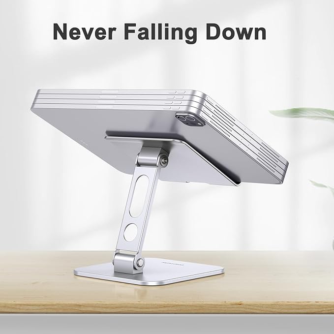OMOTON Upgraded Adjustable Tablet Stand Holder, Heavy Duty Foldable Portable Monitor Stand, Travel Essentials for iPad Pro/Air/Mini, Surface Pro, Portable Monitor 4.7''-15.6', Silver
