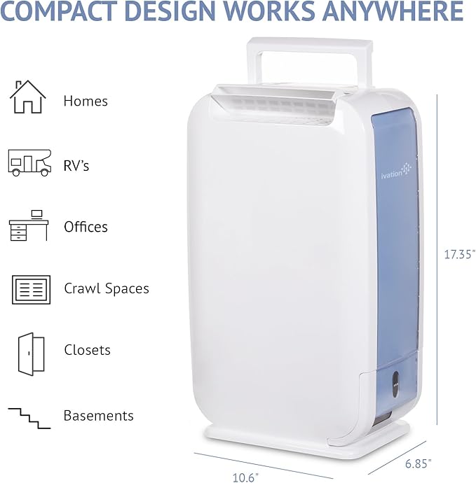 Ivation 13-Pint Small-Area Desiccant Dehumidifier Compact and Quiet - With Continuous Drain Hose for Smaller Spaces, Bathroom, Attic, Crawlspace and Closets - For Spaces Up To 270 Sq Ft, White