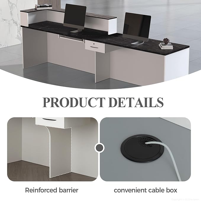 Reception Desk with Counter, Modern Front Desk Reception Counter with Keyboard Tray, Lockable Drawer and Storage Shelves for Office, Retail, Salon (White+Black/Right, 71" L*24" W*39" H)