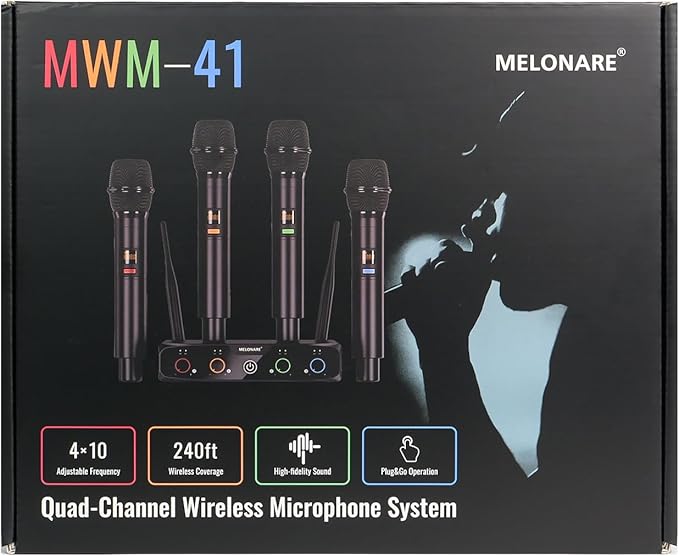4-Channel Wireless Microphone System, UHF Compact Cordless Mic Set w/ 4x10 Frequencies, 200ft Range, Dynamic Handheld Microphone for Singing, Karaoke, Church, DJ, Wedding (MWM-41-4H)