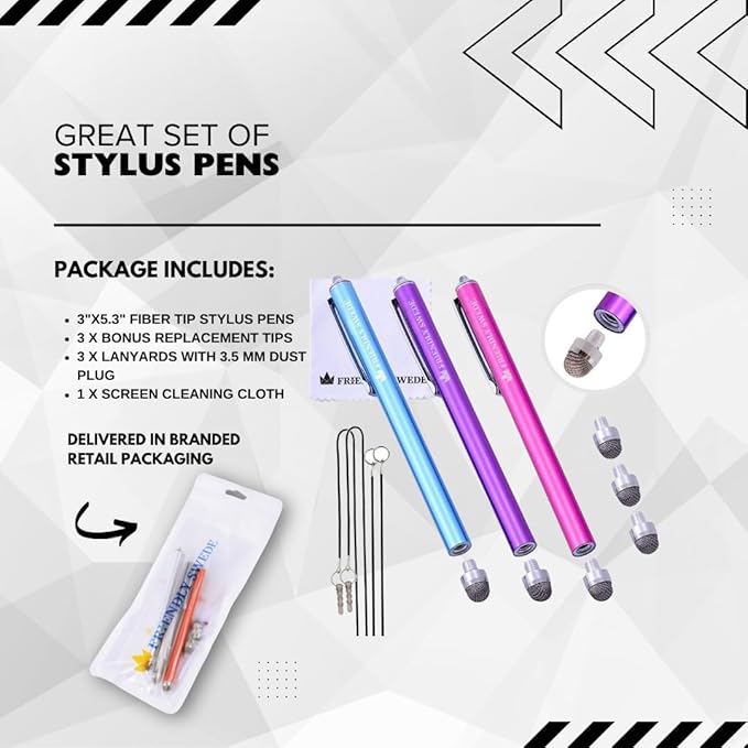 The Friendly Swede Mesh Tip Stylus Pen for Touchscreen — 3-Pack Micro-Knit Capacitive Stylus Pen for iPad & iPhone with 3 Replaceable Fiber Tips, Elastic Lanyards & Screen Cleaning Cloth