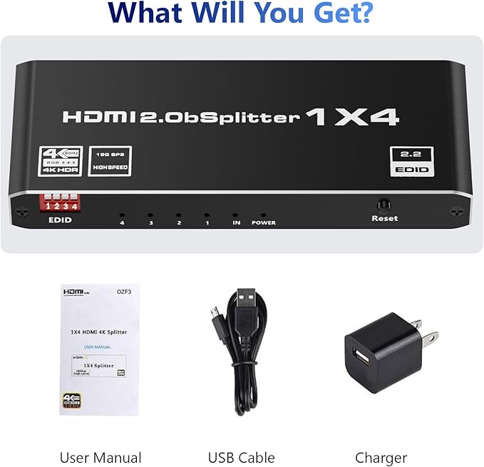 HDMI 2.0 Splitter 1 in 4 Out, LUKFOCAB 1x4 HDMI Splitter 4K@60Hz 8:8:8 HDR, HDMI 2.0, HDCP 2.2, 18Gbps, Auto EDID, Supports UHD 3D D-o-l-b-y 4 Ports Mirror Mode and Multichannel Audio Streams