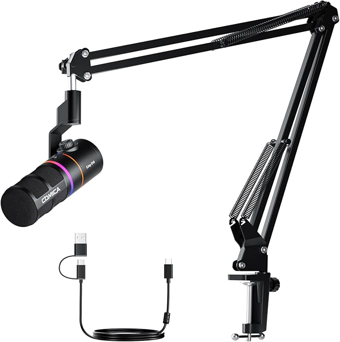 COMICA EJoy D10(A) USB Gaming Microphone – Boom Arm Mic with Noise Cancellation, XLR/USB-C, Real-Time Monitoring, Muting, RGB Professional Studio Mic for Gaming, Streaming, Podcast, Recording (Black)
