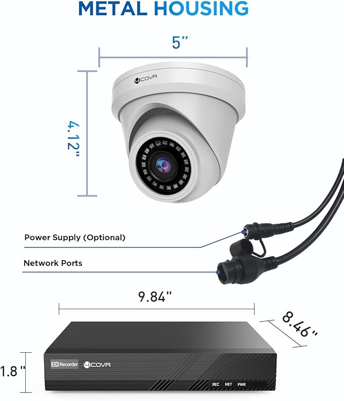 4COVR NVR Security Camera System, 8MP H.265 NVR with 2TB HDD, 4X 5MP PoE Dome IP Cameras with Audio, AI Person/Vehicle Detection, Night Vision, IP67 Weatherproof for Outdoor/Home, LY97AX5M0804-1