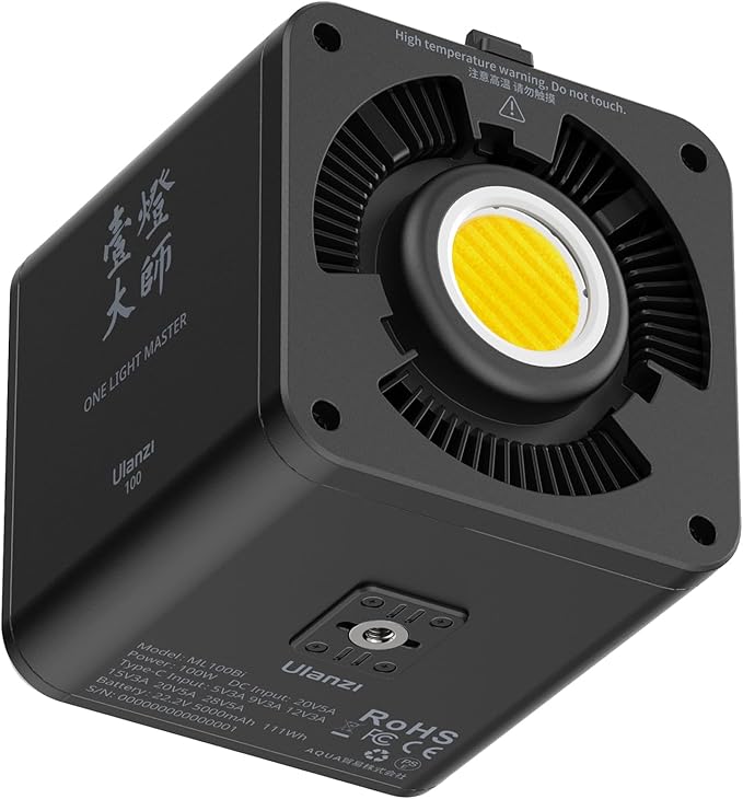 ULANZI 100W Bi-color Portable LED Video Light w DC Power Adapter, 111Wh Build-in Battery Metal Mini Adjustable Color Temperature COB Continuous Output Lighting Handheld Spotlight 2700K-6500K for Video