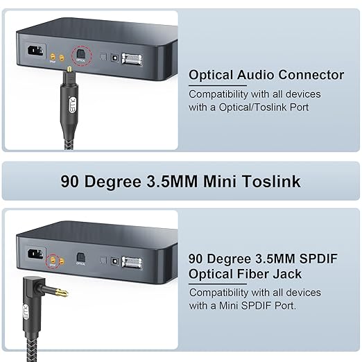 EMK Premium 90° Right-Angle Mini Toslink Cable (3Ft/1M) - 3.5mm Optical Digital Audio Cable for Sound Bars, TVs & Home Theater - SPDIF/Toslink Compatible, Black