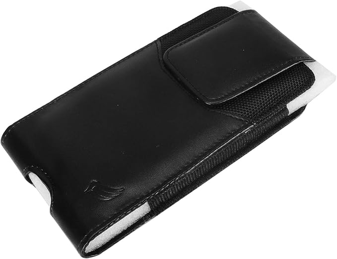 Leather Cell Phone Holster for Cricket Debut, Icon, AT&T Radiant Core, Calypso 2, Moto E6, G7 Play, Alcatel Onyx, REVVLRY REVVL2 - Vertical Case Waist Carrying Pouch with Belt Clip/Loops, Black