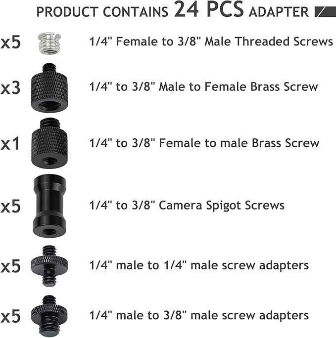 24 Pcs Camera Screw Adapter Set - 1/4 to 3/8 Tripod Mount Converter for Camera, Monopod, Ballhead, Flash Light Stand