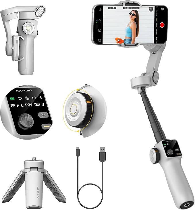 Gimbal Stabilizer for iPhone & Android, 3-Axis Phone Gimbal with OLED Screen, 7.8" Extendable Rod, Face & Gesture Tracking, Ideal for Vlogging, Travel & Video Recording-Smart V8 White
