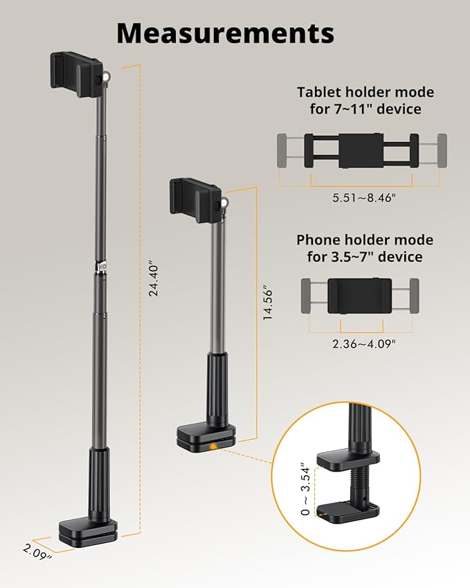 Phone Holder for Bed, 360° Rotation Cell Phone Stand, Flexible Long Arm Headboard Bedside Clip, Multi-Functional Overhead Phone Mount for 3.5-11" Phones, Tablets, Kindle, Black