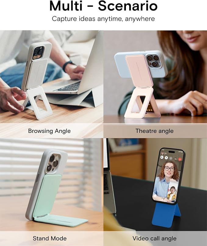 MOFT Phone Stand, Magnetic Phone Tripod Stand Stain-Resistant MOVAS Leather & Angle Adjustment & Strong Magnets Tripod for iPhone 16/15/14/13/12 (Included Metal Ring)-Peony