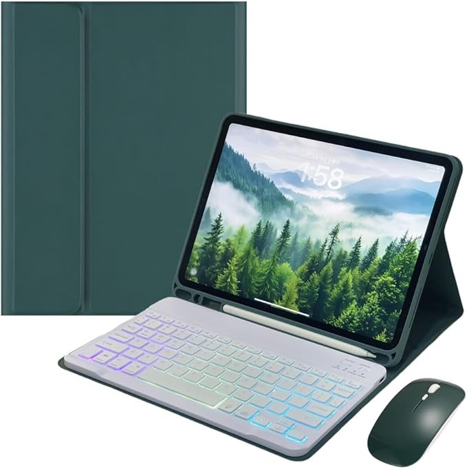 Rainbow Backlit Keyboard Case for iPad Pro 11 inch (M4) 2024 with Mouse and 7 Colors RGB Colorful Backlight Magnetic Detachable Bluetooth Keyboard Cover,Dark Green+White