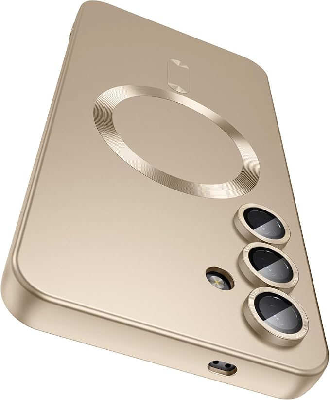 Magnetic for Samsung Galaxy S24 Case [Compatible with MagSafe][Built-in Camera Lens Protector] Slim Soft Silicone Bumper Shockproof Metallic Luster Phone Case (Gold)