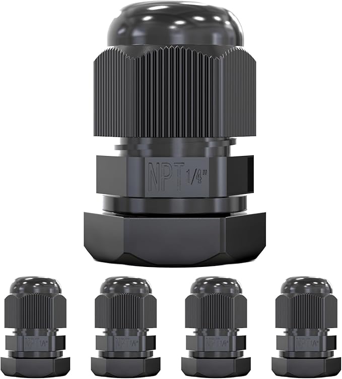 MGI SpeedWare 1/4" NPT Strain Relief Nylon Cord Grip Cable Glands, Black Plastic Grommet 5-Pack