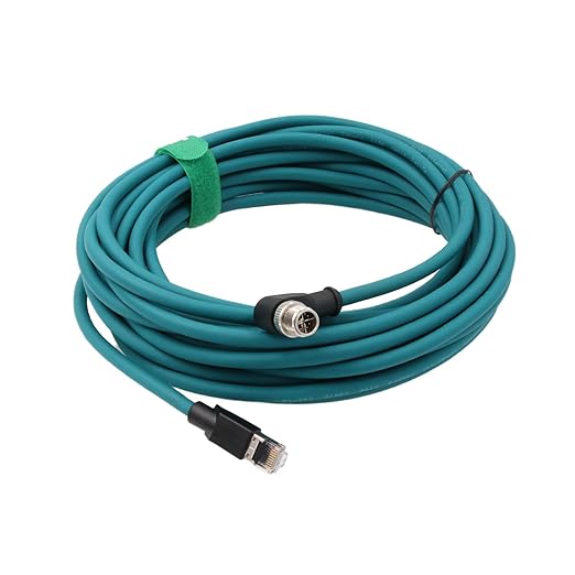 M12 GigE Ethernet Network Cable CAT7e for Cognex Baumer Sensor Barcode Reader Camera Network PC Switch, Right Angle 90-Degree 8 Pin X-Coded to RJ45 50M