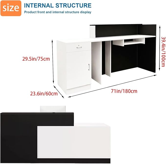 Reception Desk with Counter Modern Checkout Counter with Lockable Drawer Keyboard Tray Receptionist Desk for Office Salon Reception Table B Left 71inch/180cm