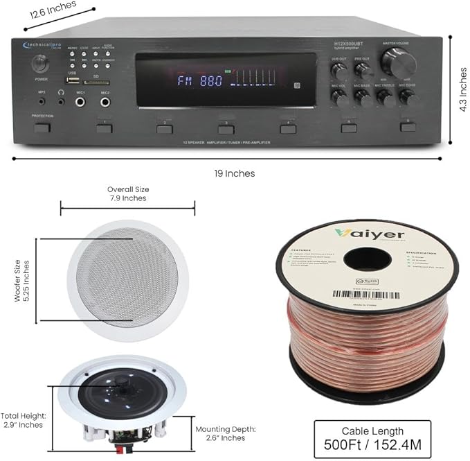 Vaiyer Home Audio System Kit, 6-Channel 6000 Watts Bluetooth Amplifier with 5.25" 12 QTY of 175 W Each in-Wall in-Ceiling Speakers & 16 AWG 500 ft. Speaker Wire - Perfect for Home, Office, Restaurants