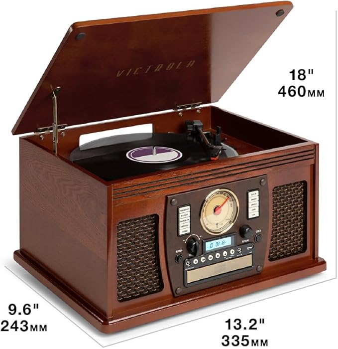 Victrola Navigator 8-in-1 Bluetooth Record Player with Built-in Speakers– 3 Speed Turntable, CD Player, Cassette, FM Radio, USB, RCA Out, Headphone Jack, Wireless Music Streaming, Real Wood (Espresso)