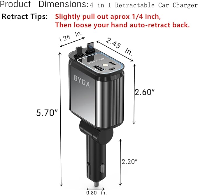 Fast Car Charger 4 in 1 Retractable Car Charger 69W with Starry Light,USB-C Fast Car Accessories,Compatible with All iPhones All Android Phones (Grey, Dual Cord USB-C)