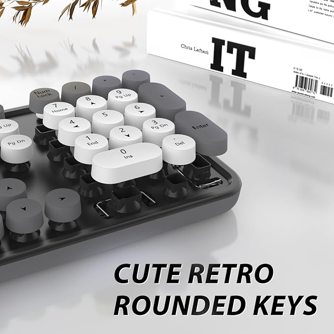 Wireless Keyboard and Mouse, KOOTOP Cute Keyboard and Mouse, 2.4G Wireless Keyboard with Retro Round Keycap for PC, Mac, Laptop,Tablet,Computer Windows (Grey)