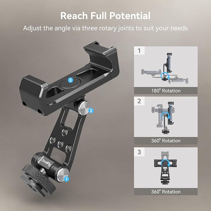 SMALLRIG Metal Phone Holder Support with Cold Shoe Mount, Universal Smartphone Adapter Support Free Adjustment Joints, Phone Tripod Mount for iPhone 16/15, for Samsung Galaxy etc-4382