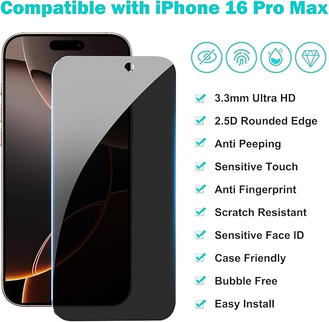 3 Pack for iPhone 16 Pro Privacy Screen Protector +2 Camera Lens 9H+Full Cover Tempered Glass Auto Alignment Kit 12FT Military Grade Shatterproof Anti Spy Longest Durable 6.3