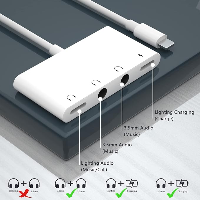 4 in 1 Headphone Splitter, iPhone Headphone Adapter + Dual 3.5mm Headphone Jack Adapter + Charging Port for iPhone 14 13 12 11 X 8 7