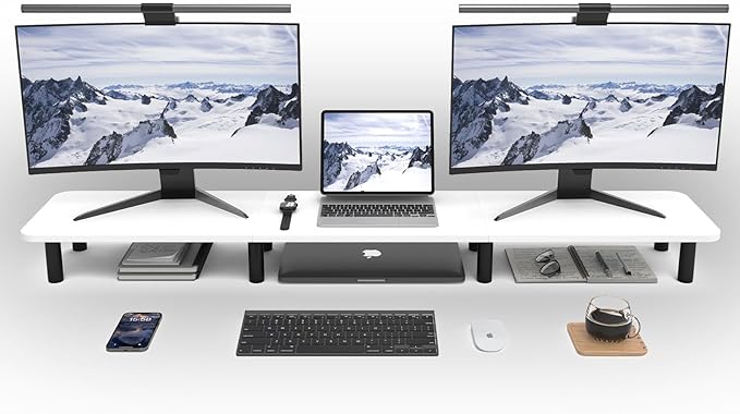 Dual Monitor Stand Riser 43.7 inch Large Extra Long Monitor Stand Riser Wide TV Stand Riser Monitor Stand for 2 Monitors Wood & Steel Leg Desktop Riser Desk Organization Home Office (White)
