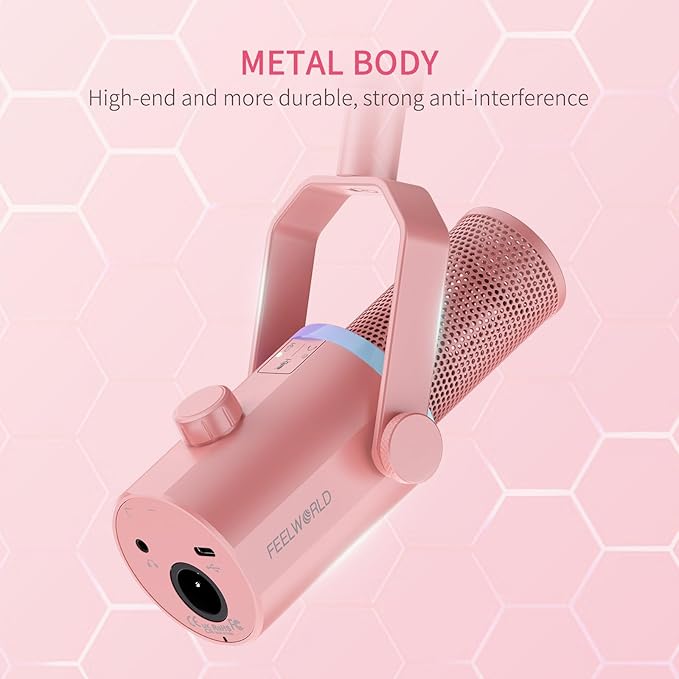FEELWORLD PM1 XLR USB Dynamic Microphone with Desktop Stand Gifts for Podcast Recording PC Computer Gaming Streaming Vocal Voice-Over, Studio Metal Mic, RGB Light, Mute Button, Headphones Jack (Pink)