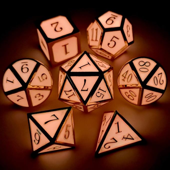 Haxtec Glow in The Dark Metal DND Dice Set Gold Pink D&D Dice Compatible with Dungeons and Dragons-Gold Glowing Red/Cream Pink