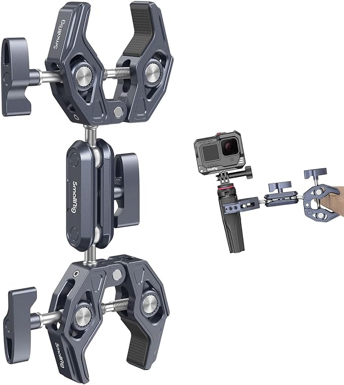 SMALLRIG Double Clamp Mount, Umbrella Clamp, Super Clamp Arm, for Chair, Pole, Tripod, C Stand, Handlebar, All Metal Max Load Capacity 3.5kg