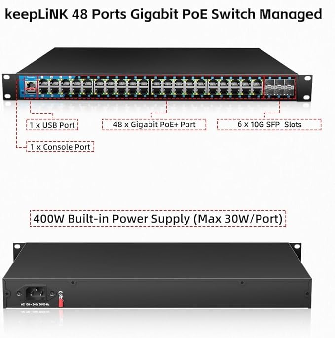 48 Port Gigabit PoE Switch Managed, with 48 PoE+ Ports @400W, 6 10G SFP Slots, IPv6 Static Routing, Desktop or Rackmount