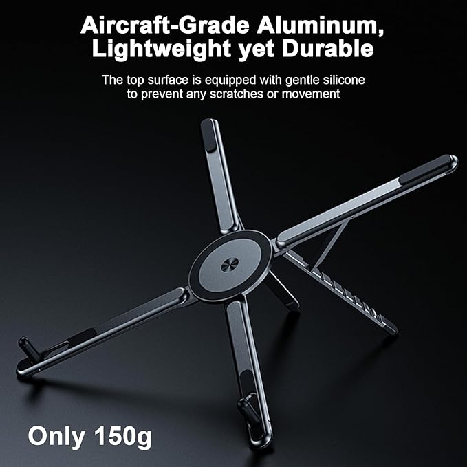 Foldable Laptop Stand for Desk, All-in-One Portable Holder for Laptop, Phone & Tablet with Magnetic Mount - 8-Angle Adjustable Aluminum with Non-Slip Base for 10-15.6" Laptops
